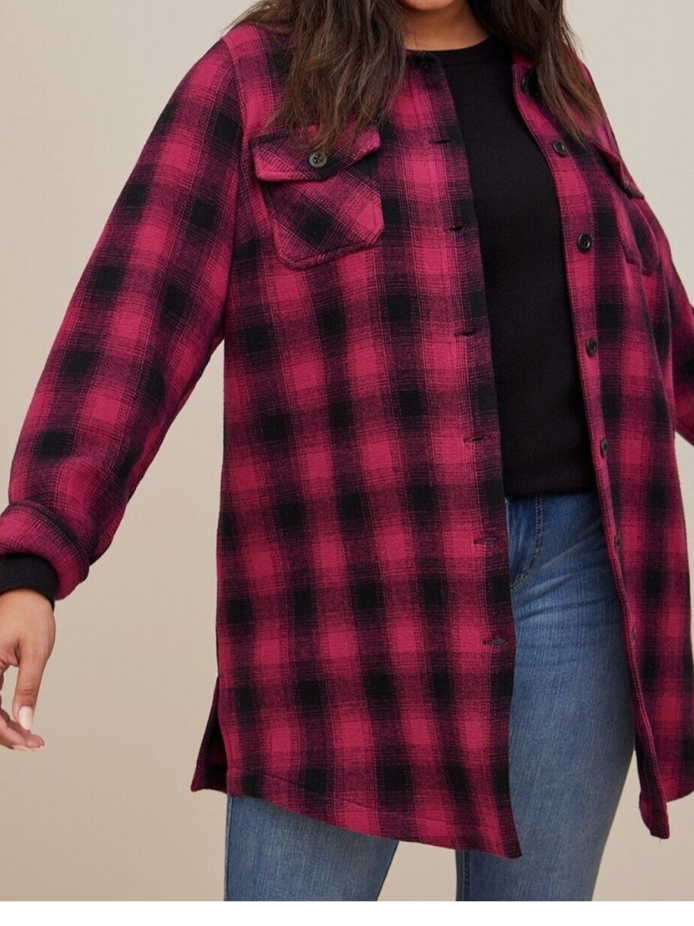 Torrid Pink Black Plaid Shirt Size 3X Plus Grunge Shacket Oversized Relaxed Fit
